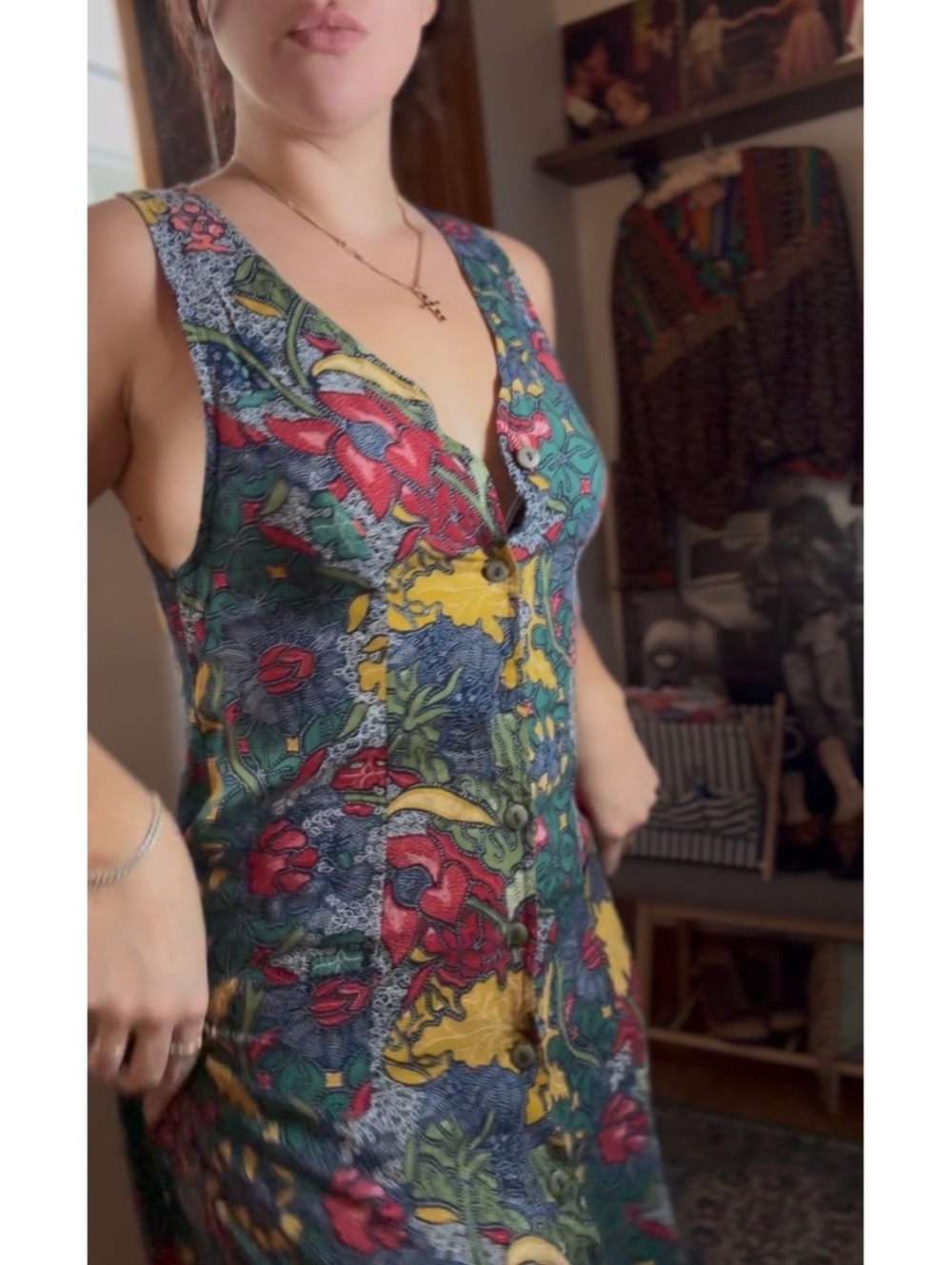 M-L Vintage Floral Sleeveless Maxi Dress with Pockets colorful